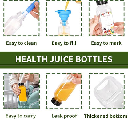 SUPERLELE 12pcs 8oz Plastic Juice Bottles with Caps, Reusable Clear Juice Containers with Labels, Funnel and Brush for Juicing, Smoothie, Milk