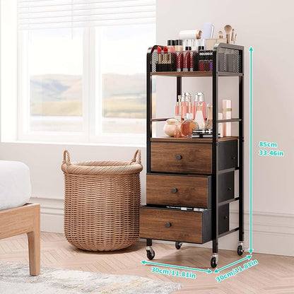 HapiRm Rolling Makeup Cart Organizer - Floor Skincare Make Up Storage with 3 Non-woven Fabric Drawers, Vanity Organizer Cosmetic Display Cases Holder for Skin Care Perfume Nail Polish Brush Hair Tool