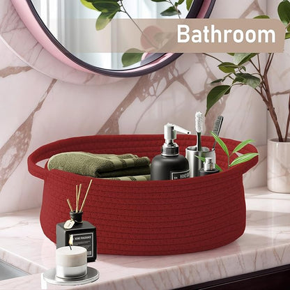 JMvicyroam Woven Basket,Small Rope Storage Bin with Handles & Ribbon Bag, Organizer for Shelves Closets,Gift Basket Empty for Birthday,Books,Dog Toys, Red
