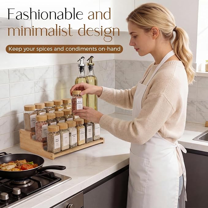 Organizer of Cabinet Special Seasoning, 12in Bamboo 3 Tiered Spice Rack，Used for Kitchen Countertops and Food Storage Room Organizer，Specially Designed for Jars and Spice Bottles (Bamboo, M)