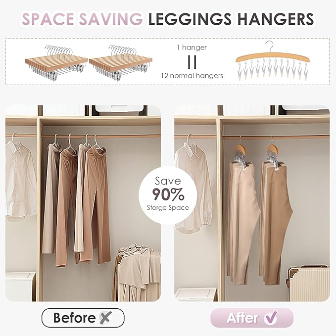 MEILIDY Leggings Hangers, Wooden Closet Hanging Leggings Storage Organizer Scarf Hangers with 24 Clips, 360° Swivel Hook, Burlywood, 2 Pcs