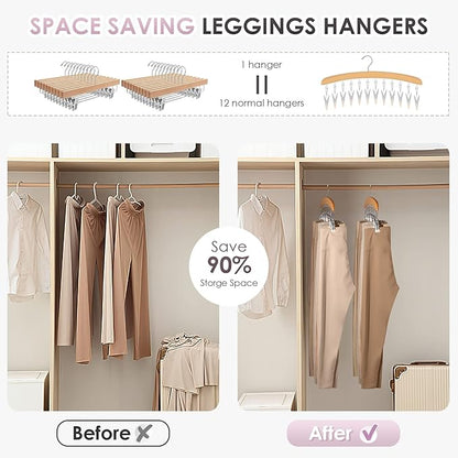 MEILIDY Leggings Hangers, Wooden Closet Hanging Leggings Storage Organizer Scarf Hangers with 24 Clips, 360° Swivel Hook, Burlywood, 2 Pcs