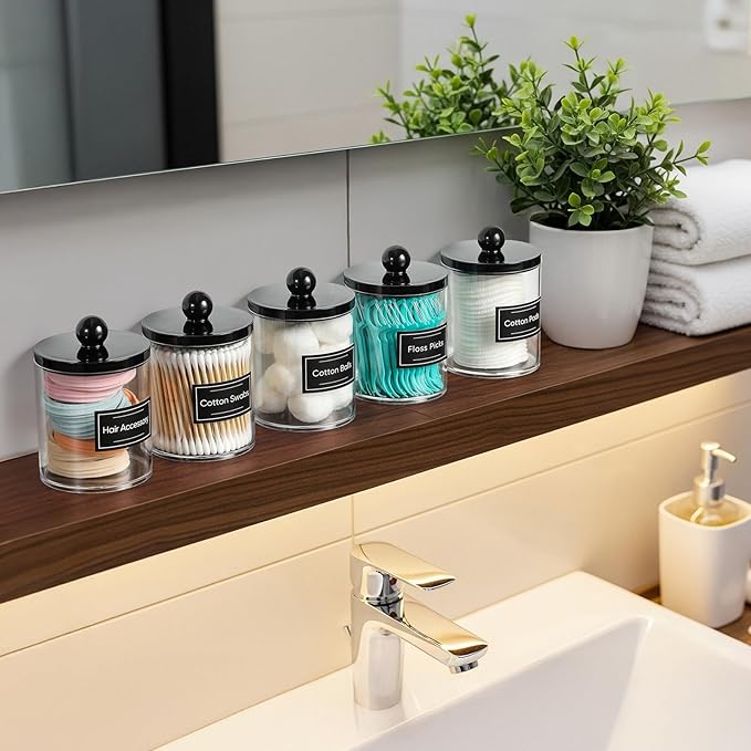 6 Pack Acrylic Qtip Holder Dispenser for Cotton Swabs, Balls, Pads, Floss - Plastic Canister Apothecary Jar Set, Bathroom Essentials Accessories Decor Vanity Makeup Storage Organizer - Clear & Black