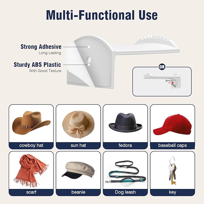 3.0 Inch Hat Hooks for Wall (8 Pack) – Strong Adhesive Cowboy Hat Rack with Anti-Slip Teeth, Cap Holder & Wide Brim Hat Organizer, Strong Hold Hat Hangers for Baseball Caps, Western Room Décor – White