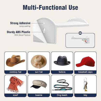 3.0 Inch Hat Hooks for Wall (8 Pack) – Strong Adhesive Cowboy Hat Rack with Anti-Slip Teeth, Cap Holder & Wide Brim Hat Organizer, Strong Hold Hat Hangers for Baseball Caps, Western Room Décor – White