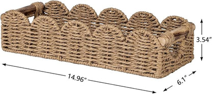 CubesLand Bathroom Basket Organizer w/Cut Out Handle, Back of Toilet Paper Storage Baskets Tray for Bathroom Countertop Decorative, Scalloped Wicker Basket Also for Home Decor, Living Room, Neutral