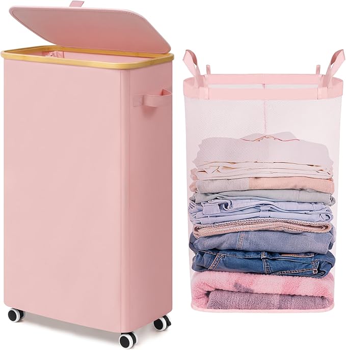 Goodpick Slim Laundry Basket with Wheels and Lid, 75L Tall Laundry Hamper with Bamboo Frame Removable Bag, Collapsible Clothes Hamper for Dorm Home Decor, Pink, 17" x 9.8" x 29.5"