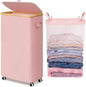 Goodpick Slim Laundry Basket with Wheels and Lid, 75L Tall Laundry Hamper with Bamboo Frame Removable Bag, Collapsible Clothes Hamper for Dorm Home Decor, Pink, 17" x 9.8" x 29.5"