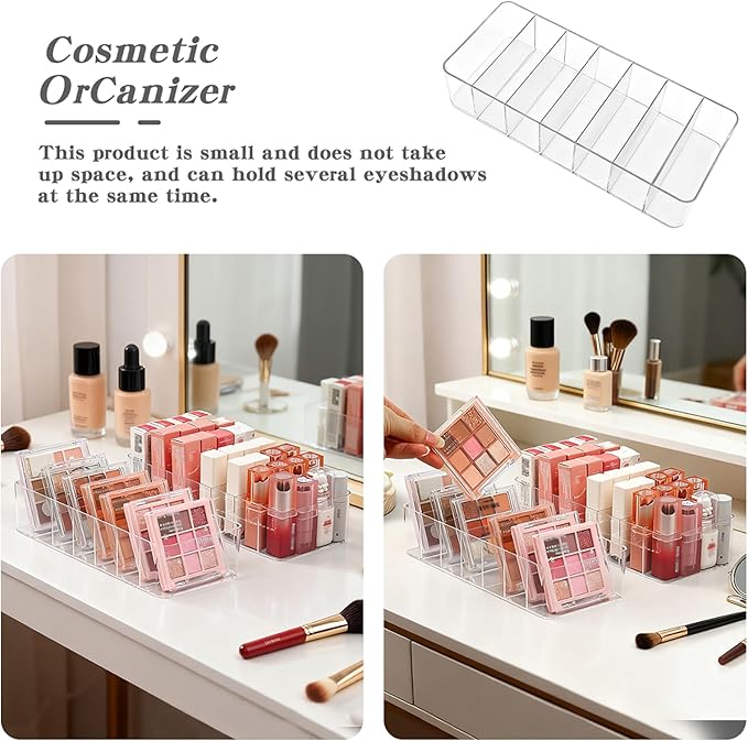 Clear Acrylic Makeup Organizers, 7-Section Bathroom Organizer for Drawer, Cosmetic Display Cases, Blushes Highlighters Eyeshadow Powder Makeup Organizer Holder Storage