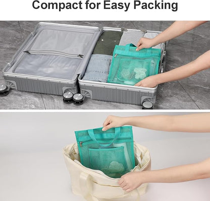 F-color Mesh Shower Caddy Portable Hanging - 3 Pockets Small Shower Bag Tote for Camping, Gym, Travel, Toiletry, Quick Dry Bathroom Essentials with S Hook, Mint Green