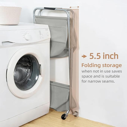 STORAGE MANIAC Collapsible Laundry Cart with Wheels 31.5"H Rolling Laundry Hamper Clothes Basket with Wheels, Canvas Liner Sturdy Steel Frame Folding for Small Narrow Space Easy Storage, Grey