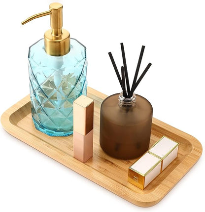 Bamboo Vanity Tray, Bathroom Counter Tray, POVTOKA Rectangular Wood Toilet Countertop Organizer Holder for Soap Dispenser Candle Jewellery Perfume, 9.8 x 5.5 x 0.8inch