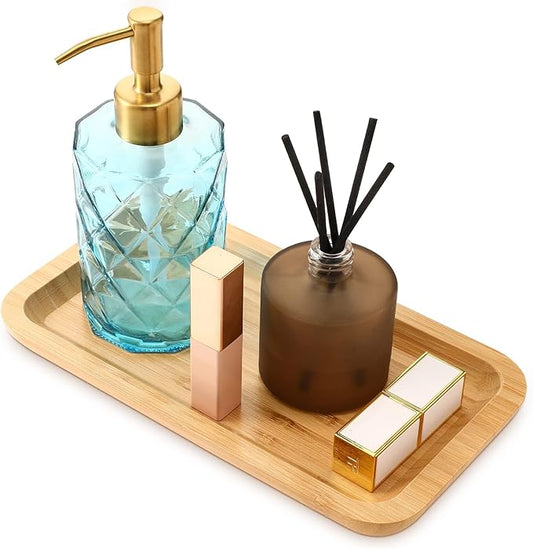 Bamboo Vanity Tray, Bathroom Counter Tray, POVTOKA Rectangular Wood Toilet Countertop Organizer Holder for Soap Dispenser Candle Jewellery Perfume, 9.8 x 5.5 x 0.8inch