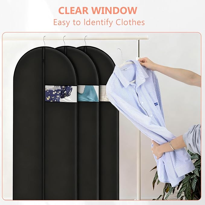 12 Pcs Garment Bags for Hanging Clothes, 47" x 24" Black Dress Garment Bag Set with Clear Window, Durable PEVA Coat Bags for Closet Storage & Travel