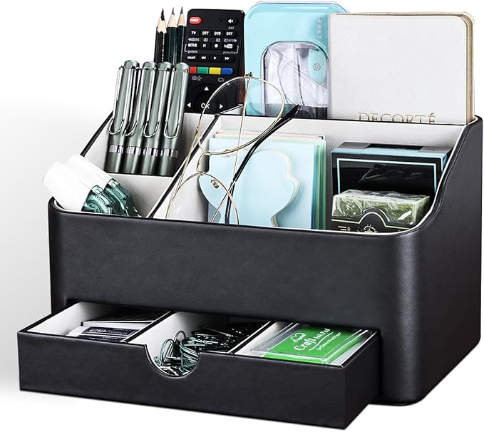 KINGFOM Leather Makeup Organizer with Drawer, Cosmetic Storage for Dresser Countertop and Bathroom Vanity, Beauty Holder for Lipstick Brush Skincare (Black)