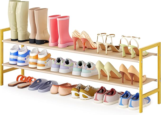 Long Shoe Rack for Closet Floor,2 Tier Wide Shoes Shelf Organizer,15-18 Pairs Bamboo Low Closet Shoe Stand Holders,Modern Sturdy Shoe Storage Rack for Entryway,49” x 11” x 17”