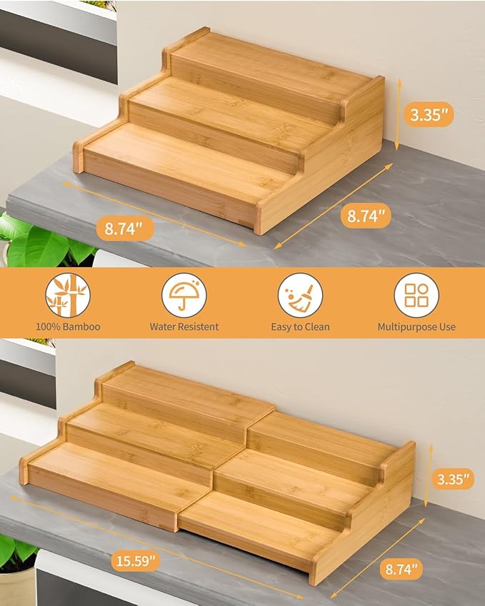 VenDotbi Spice Rack, 3-Tier Expandable Bamboo Spice Rack Organizer for Cabinet - Kitchen, Pantry and Cupboard Storage Organizer
