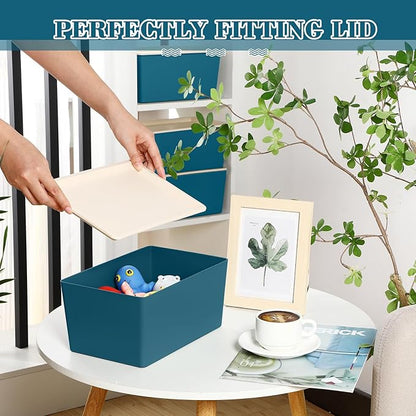 Menkxi 4 Pcs Storage Bins with Lids Plastic Stackable Containers for Organizing Shelves Christmas Ornament Box Baskets(Blue,Small)