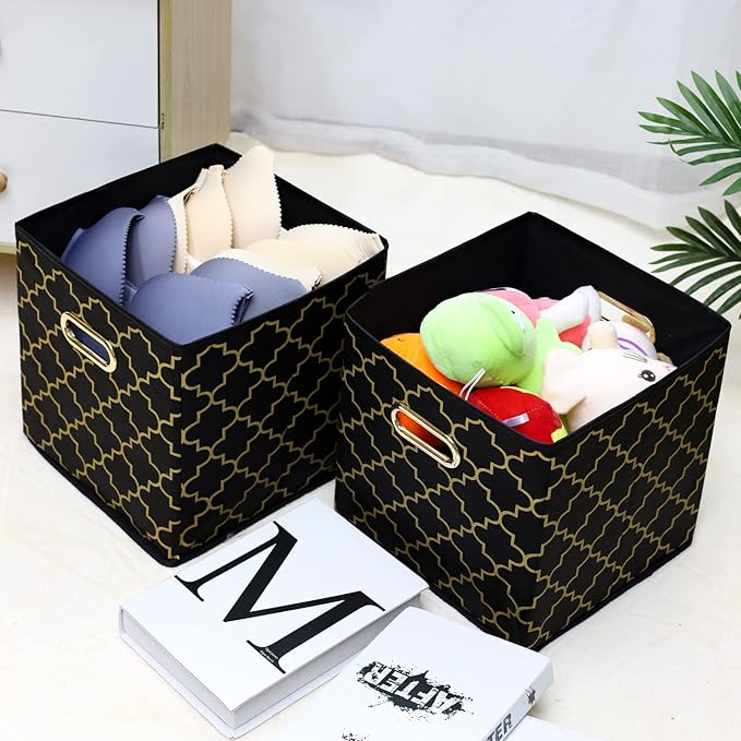 Fabric Cloth Storage Bins,Fabric Cube Organizer with Dual Handles Foldable Cube Storage Baskets for Home Bedroom Storage,Set of 3,(Black Gold)