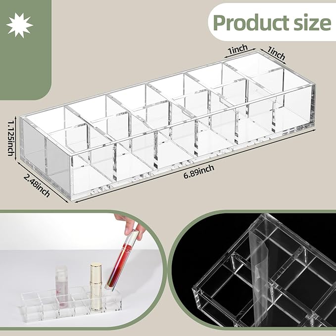 Kigley 3 Pcs Clear Lipstick Organizer Acrylic Lip Gloss Holder Cosmetic Storage Lipstick Display Case for Women Perfume Sample Drawer Brushes Bottles Birthday Gift(12 Grid)