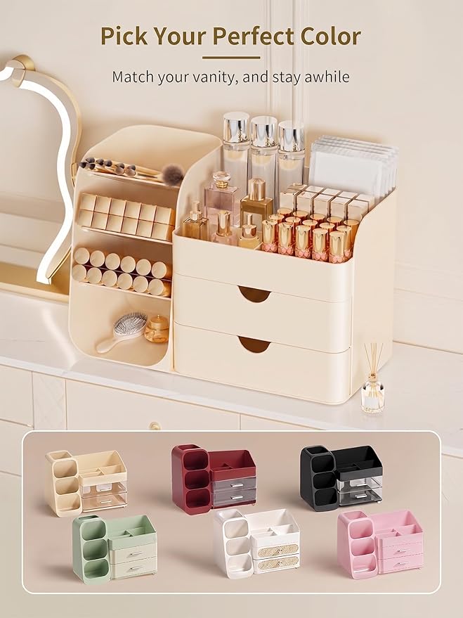 Booklov Makeup Organizer for Vanity, Countertop Cosmetic Display Case with Drawer, Bathroom Counter Beauty Caddy, Comfyroom Table Storage Holder for Skincare, Brush Eyeliner Eyeshadow Lipsticks, Creem