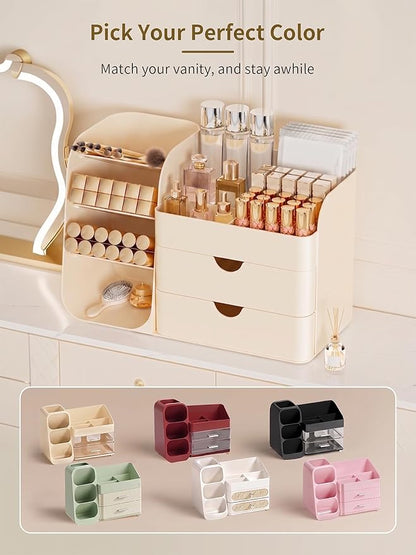 Booklov Makeup Organizer for Vanity, Countertop Cosmetic Display Case with Drawer, Bathroom Counter Beauty Caddy, Comfyroom Table Storage Holder for Skincare, Brush Eyeliner Eyeshadow Lipsticks, Creem