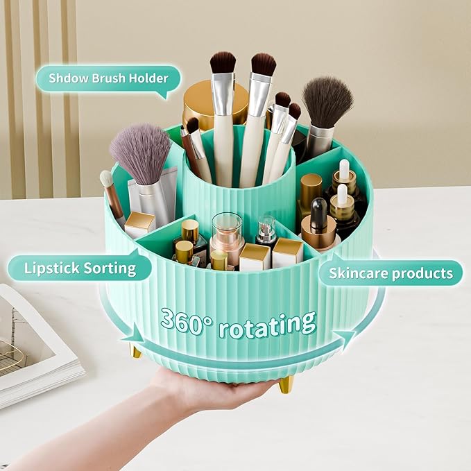 fanado 360° Rotate Makeup Brush Holder Organizer, Makeup Organizers Countertop, Makeup organization and Skincare Storage for Vanity, Desktop, Bathroom (Mint Green)