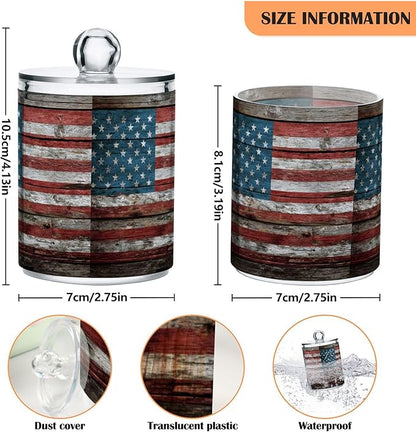 Gredecor 2 Pack Qtip Holder Clear Retro Americana Flag Apothecary Jars with Lids Acrylic Bathroom Jars Vanity Countertop Canister Storage Organizer for Cotton Ball,Swabs,Pads,Floss