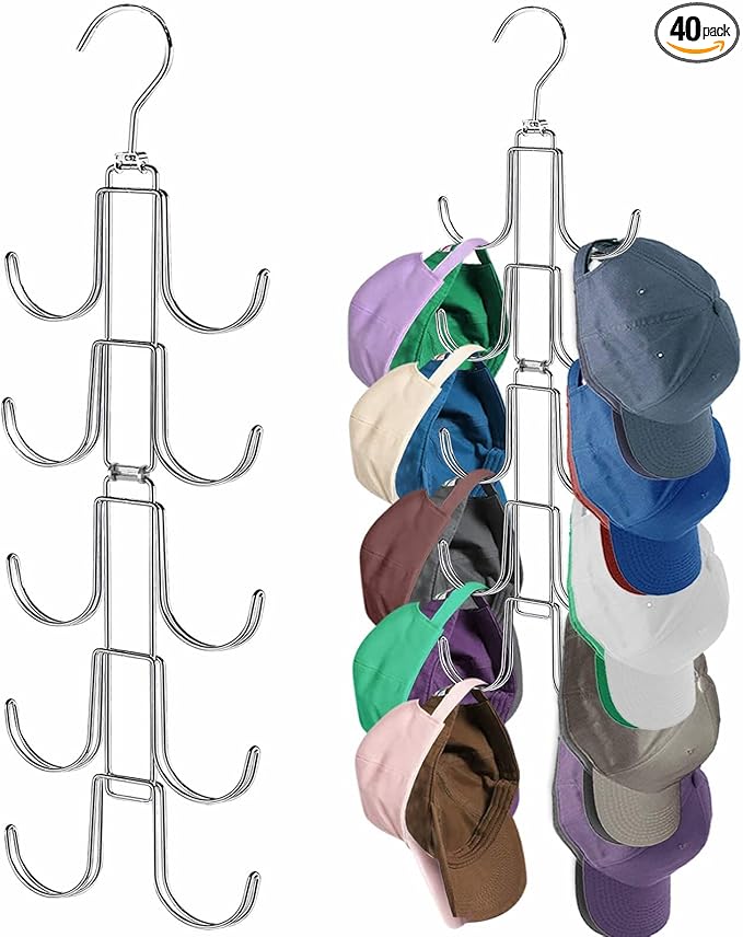 Hat Organizer for Closet, Collapsible Caps Rack with 10 Rotatable Large Hooks, Holds Up to 40 Baseball Caps, Metal Space Saving Hat Hanger for Display, Storage and Closet Organizers, Silver