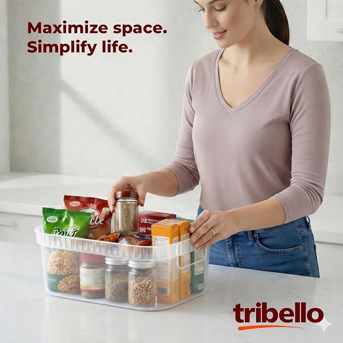 Tribello Modern Cabinet Organizers And Storage Pantry Shelf Organizer - Clear Plastic Storage Bins - Bulk 8-Pack (Medium - 12” X 8” X 4”)