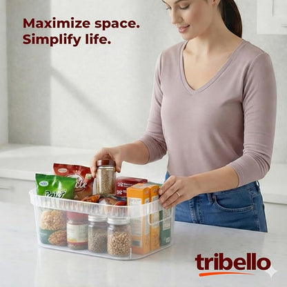 Tribello Modern Cabinet Organizers And Storage Pantry Shelf Organizer - Clear Plastic Storage Bins - Bulk 8-Pack (Medium - 12” X 8” X 4”)
