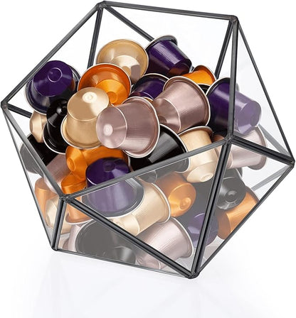 ELLDOO Black Glass Coffee Pods Holder, 15 Sided Geometric Box Coffee Pod Organizer for K Cup Espresso, Tea Bags Sugar Packets Storage Holder for Kitchen Coffee Bar Office Counter