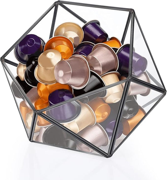 ELLDOO Black Glass Coffee Pods Holder, 15 Sided Geometric Box Coffee Pod Organizer for K Cup Espresso, Tea Bags Sugar Packets Storage Holder for Kitchen Coffee Bar Office Counter