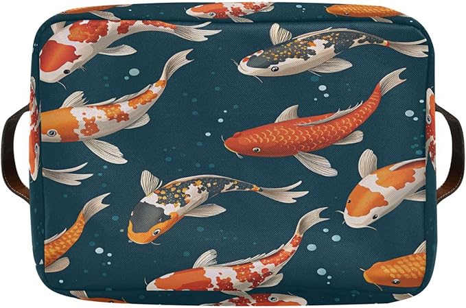 Foldable Storage Baskets, Koi Carps 3D Japanese Storage Bins with Handles, Decorative Cloth Organizer Storage Boxes for Home|Office 15 x 11 x 9.5 in