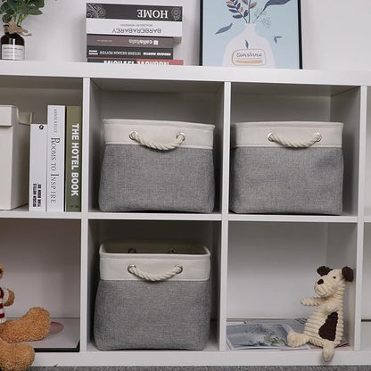 Bidtakay Baskets Set of 3 Storage Baskets for Organizing Large Fabric Storage Bins for Shelves Decorative Canvas Bins Collapsible Empty Baskets for Closet,Nursery,Clothes,Toys,Shoes(White&Grey)