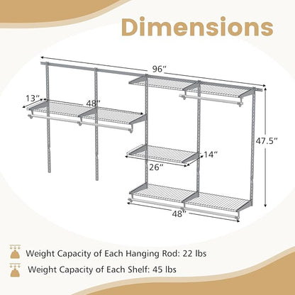 Giantex Closet Organizer System, 4-8 FT Wall-Mounted Closet Shelves and Rod, Adjustable Closet Organization w/ Hanging Rod, DIY Expandable Modular Metal Wire Shelving for Laundry Bedroom (Grey)