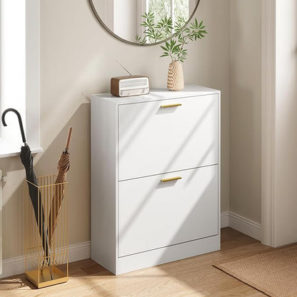 Shoe Cabinet with 2 Flip Drawers, White Shoe Cabinet Storage for Entryway, Modern Shoe Organizer Wood, Freestanding Small Thin Shoe Racks with Doors, White