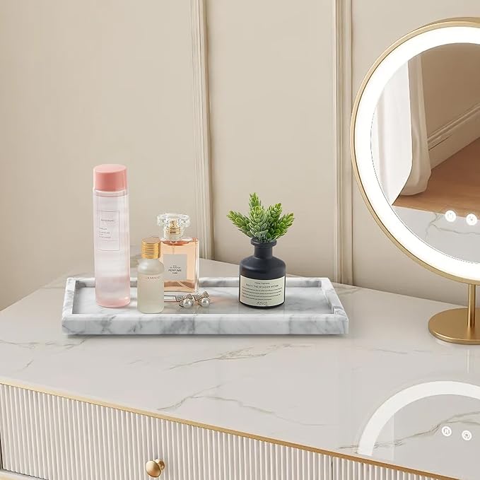 Natural Marble Vanity Tray, Luxury Stone Organizer for Bathroom & Kitchen Counter | Holds Soap Dispenser, Jewelry, Perfume | Non-Resin, Non-Ceramic Décor