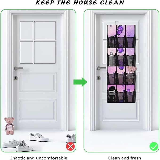 Butterfly Behind Door Organizer 12 Pockets Violet Door Hanging Shoe Organizer Space Saving Multi-Funtion Storage Bag Large Capacity Wall Hanging Storage