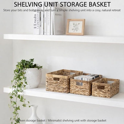 Storage Baskets,Woven Natural Water hyacinth Box with Handle,Kingwillow.(Set of 3)