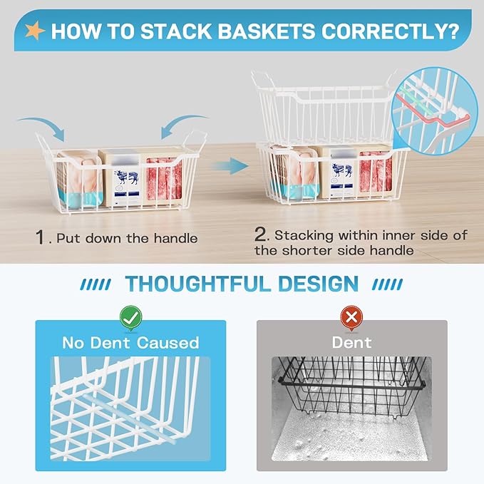 SUNALLY Freezer Organizer Bins, 8 Pack Chest Freezer Organizer Stackable for 5-7 Cu.FT Deep Freezer Sort Frozen Meats and Food, Freezer Storage Baskets with Handles Easy Reach from Bottom, White