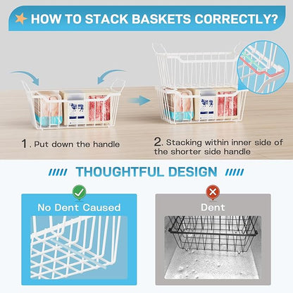 SUNALLY Freezer Organizer Bins, 4 Pack Chest Freezer Organizer Stackable for 5-7 Cu.FT Deep Freezer Sort Frozen Meats and Food, Freezer Storage Baskets with Handles Easy Reach from Bottom, White