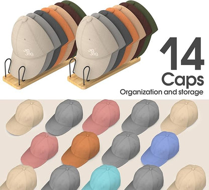 Hat Organizer for Baseball Caps 2 Pack, Premium Wood and Metal Design Hat Storage for 14 Baseball Caps, Tabletop Hat Racks for Closet, Dresser, Entrance (2PCS)