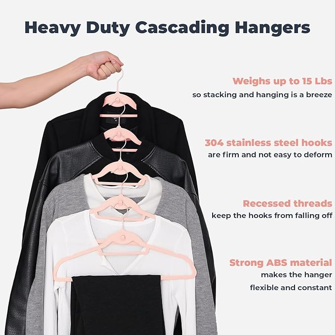 Pink Velvet Hangers 50 Pack, Felt Covered Non Slip Fabric with Stackable Cascading Hook, Ultra Thin and Space Saving with 360° Swivel Neck, 15Lbs Capacity for Clothes, Suit, Shirt, Coat