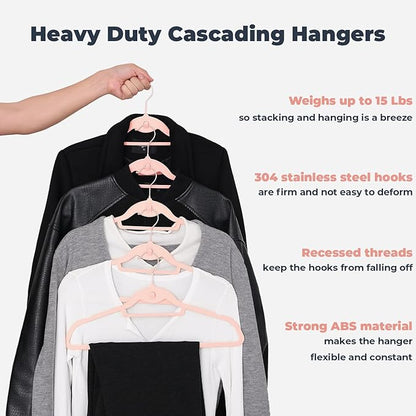 Pink Velvet Hangers 50 Pack, Felt Covered Non Slip Fabric with Stackable Cascading Hook, Ultra Thin and Space Saving with 360° Swivel Neck, 15Lbs Capacity for Clothes, Suit, Shirt, Coat