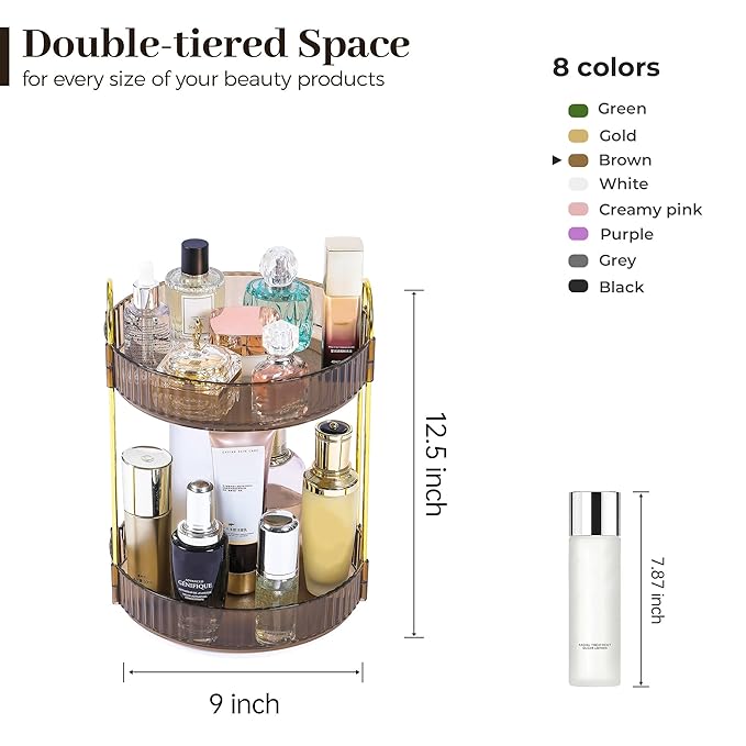 Aveniee 360 Rotating Makeup Organizer for Vanity, Perfume Sincare Organizers Bathroom Countertop Storage, Clear Cosmetics Lipstick Holder for Dresser,2 Tiers, Brown