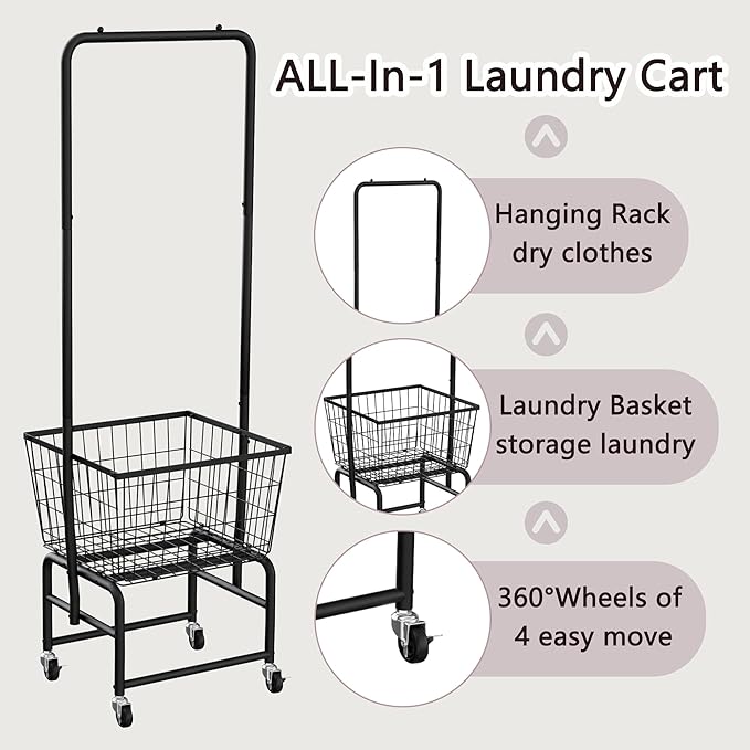 Rolling Laundry Cart with Wheels, Laundry Hamper Basket Organizer with Clothes Hanging Rack, Wire Storage Cloth Shelf Butler, Black