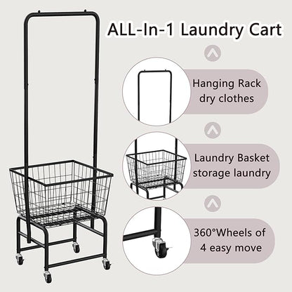 Rolling Laundry Cart with Wheels, Laundry Hamper Basket Organizer with Clothes Hanging Rack, Wire Storage Cloth Shelf Butler, Black