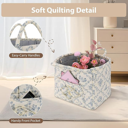 Storage Basket Boho Fabric Large Collapsible Floral Laundry Nursery Hamper Portable Folding Storage for Clothes Toys (Vine-Blue A)