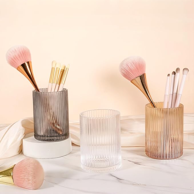 DASITON Makeup Brush Holder Organizer, Crystal Cosmetic Makeup Brushes Storage Holder, Glass Make Up Brush Holder, Vintage Striped Make Up Cup Desk Pen Pencil Holder, Toothbrush Holders (Gray S)
